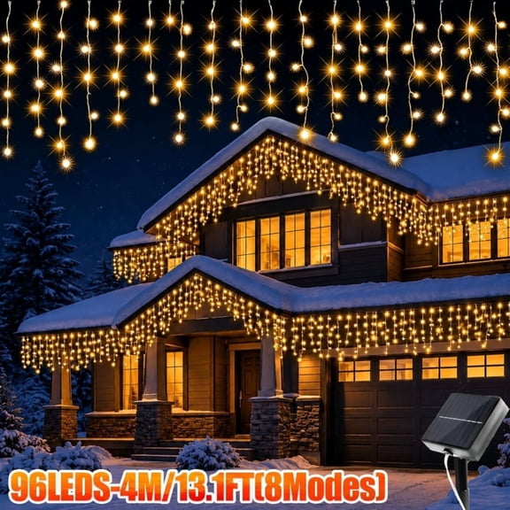 Solar Christmas Lights Outdoor, 13.1FT 96LED Icicle Lights, 8 Modes, IP44 Waterproof, Timer Memory, Hanging Curtain Lights for Holiday Decor