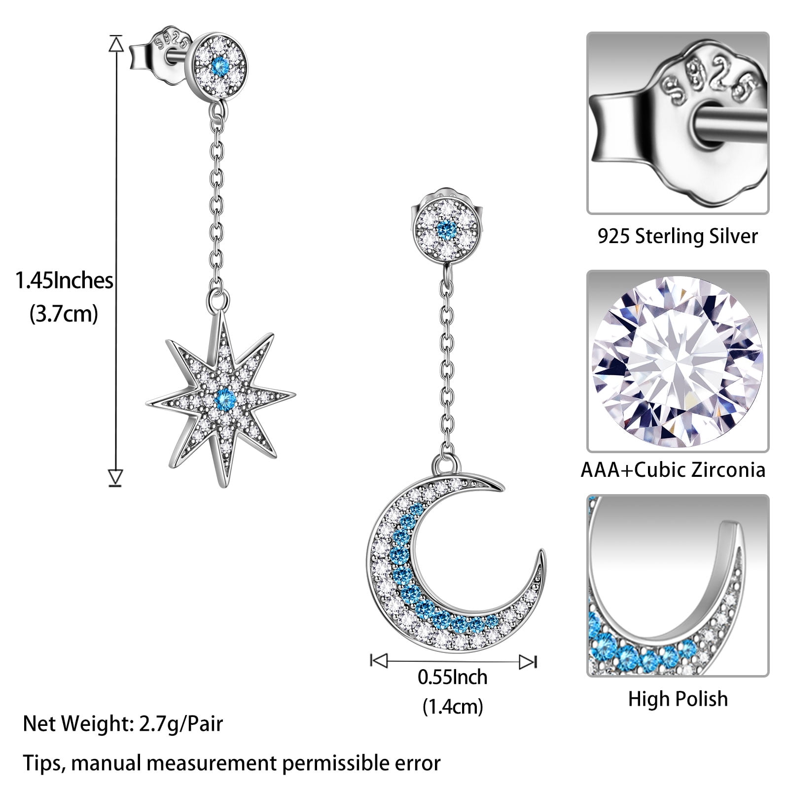 Juwaliy 925 Sterling Silver Asymmetric Moon Star Dangle Drop Earrings Dangle Blue Crystal Jewelry Christmas Valentine's Day Gift for Women Mother Wife