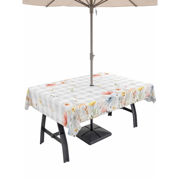 Outdoor Tablecloth with Umbrella Hole for Patio/Picnic/Party/Camping, Spring Wildflowers Waterproof Table Cloth Rectangle Table Cover Washable, Watercolor Country Botanical Floral (60"x 84")