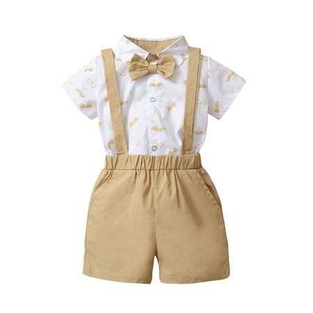 

Sunisery Newborn Baby Boy Clothes Beard Print Short Sleeve Lapel Neck Romper Tops Suspender Shorts Gentleman Suit Apricot 0-3 Months