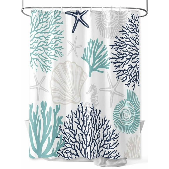 Coral Shell Shower Curtain, Starfish Ocean Teal Blue Summer Beach Waterproof Shower Curtain Set with 12 Hooks Lightweight Washable Fabric Shower Curtains for Bathroom 60x72 Inches