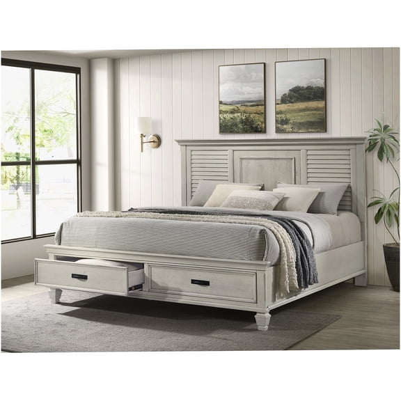 Farmhouse King Bed Frame with Storage Drawers, White Distressed Wood Platform Bed with Slatted Headboard