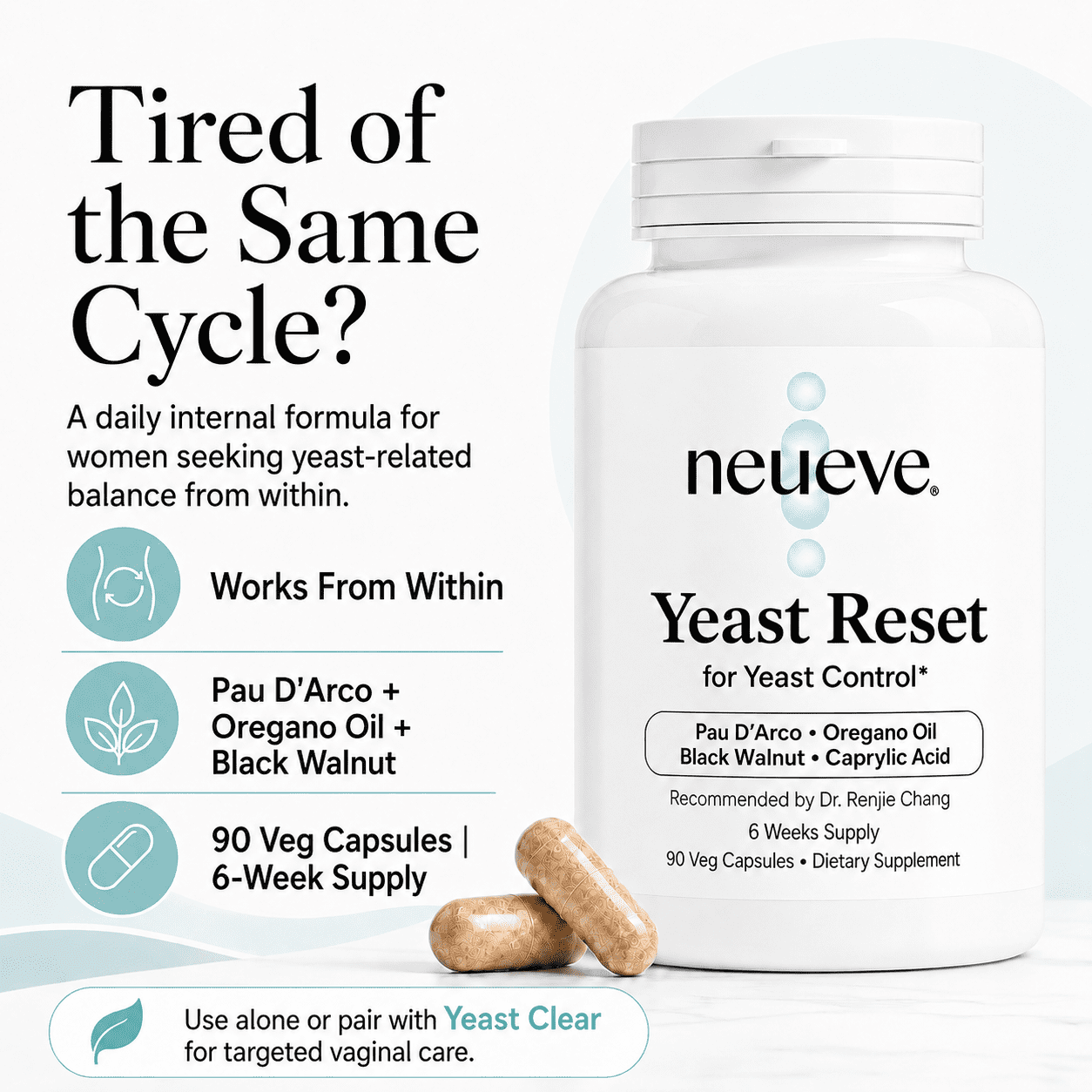 NeuEve Yeast Defense Supplement for Women with Caprylic Acid, Oregano Oil & Pau D’Arco – 90 Capsules