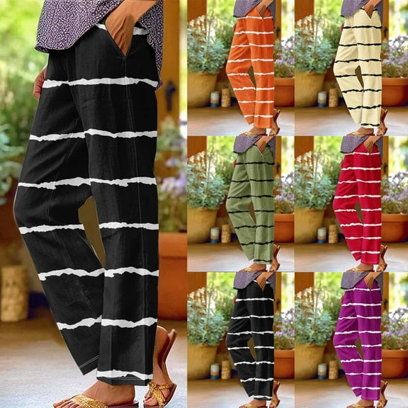Olyvenn Striped Capri Pants for Women Casual 2025, Summer Drawstring Elastic Waist Linen Pants Wide Leg Cropped Trousers with Pockets Beige XXL