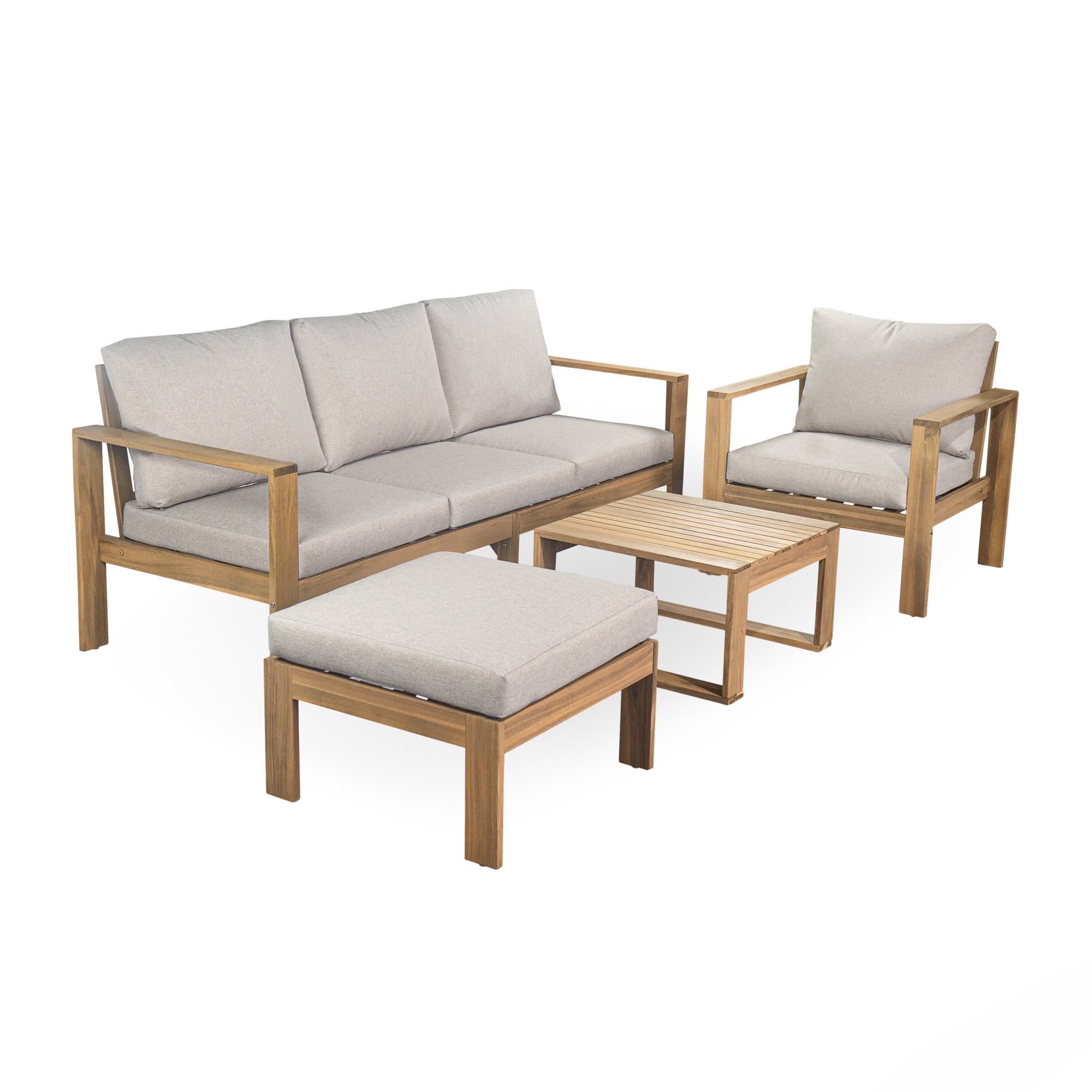 Christopher Knight Home 4-Piece Wood Outdoor Conversation Set, Deep Seating with Ottoman and Coffee Table, Beige Cushions