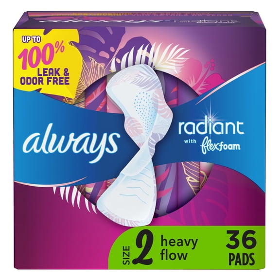 Always Radiant with FlexFoam Pads, Size 2, Heavy, Wings, 36 Count