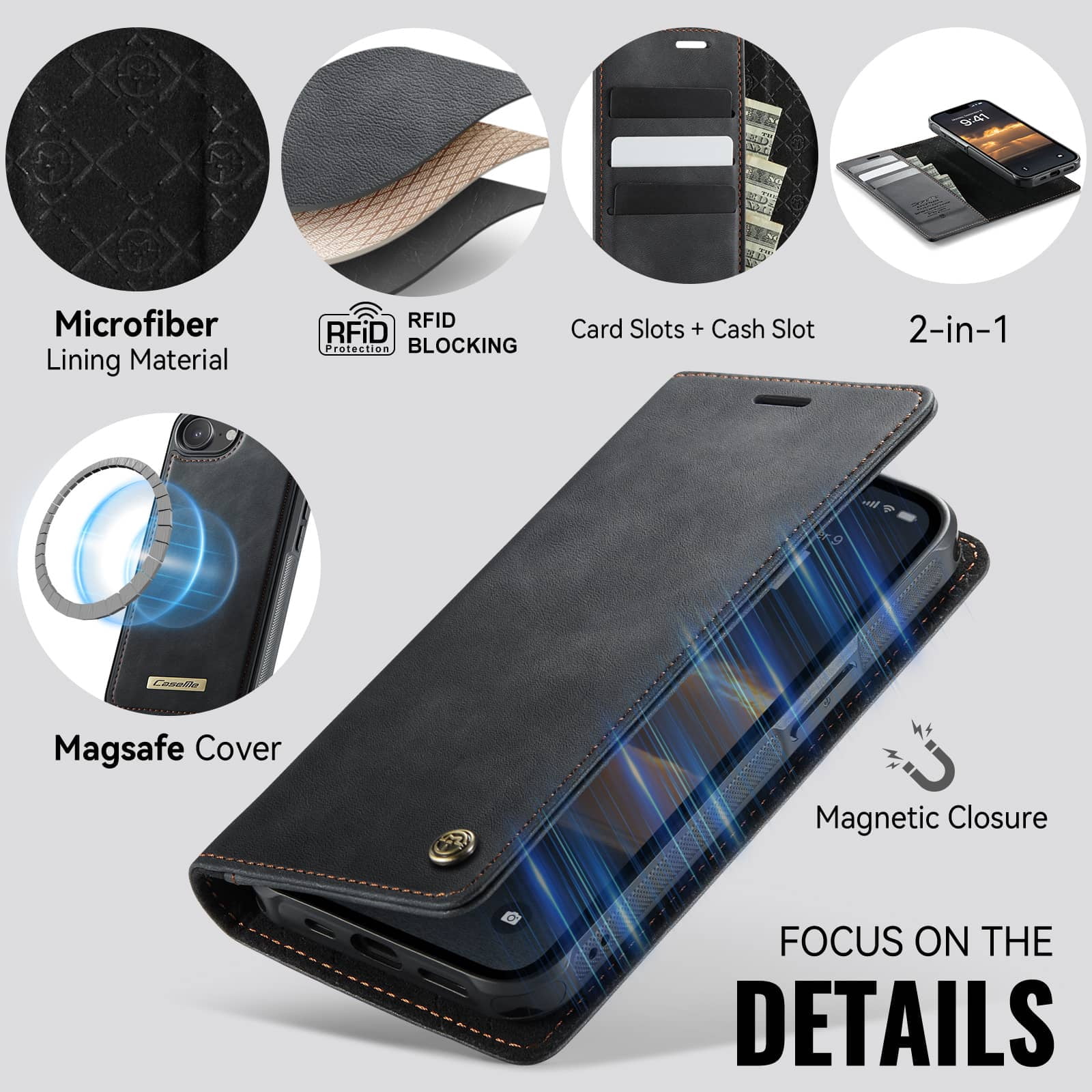 Magnetic 2 in 1 Magsafe Detachable Wallet Case for iPhone 16e with Card Holder Women Men, Retro PU Leather【RFID Blocking】Kickstand Shockproof Cover