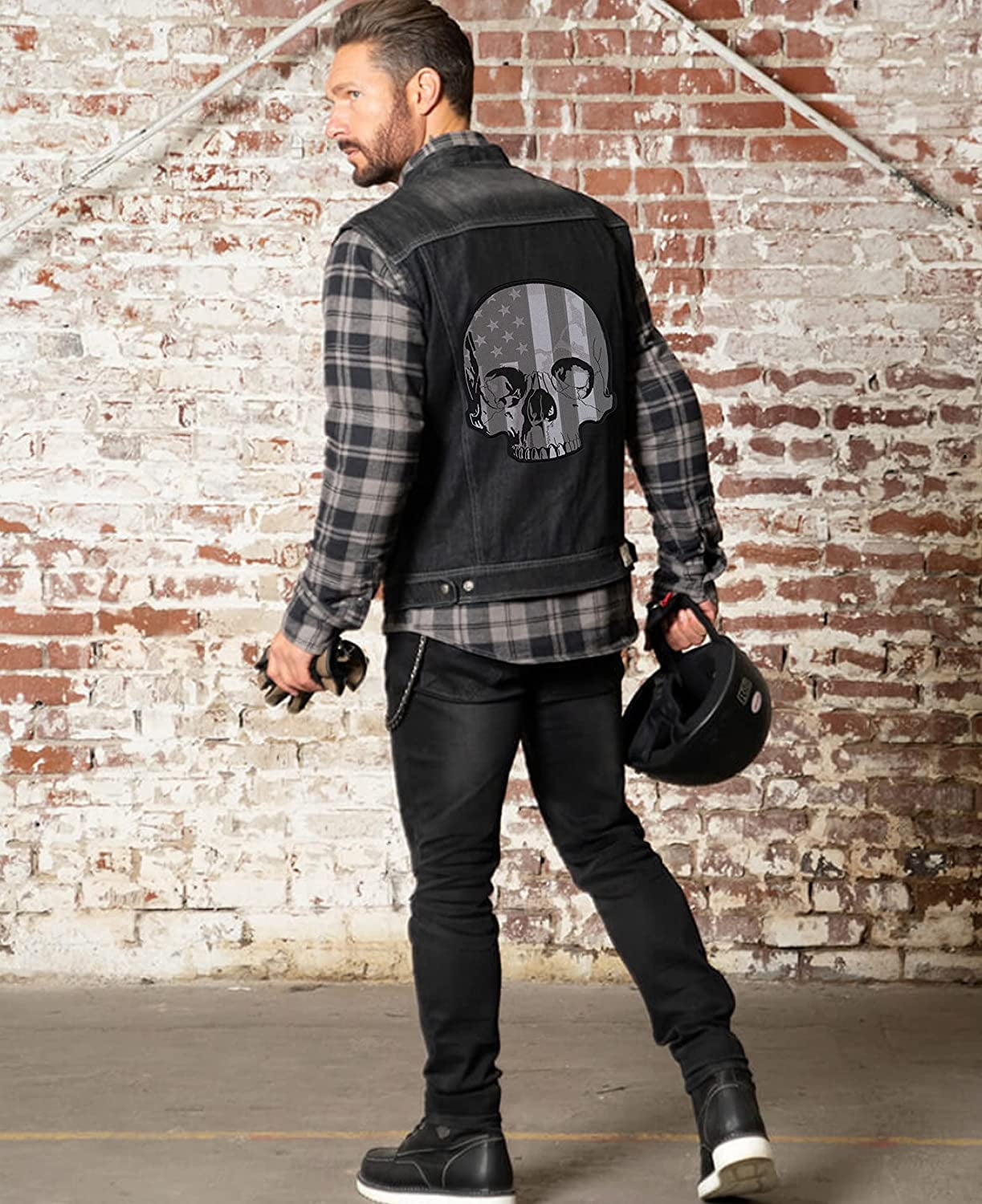 Subdued Half Skull Patch 12" | Black White US Flag Patriotic Halfskull Skeleton | Embroidered Iron On | Large Motorcycle Back Patches for Men and Women