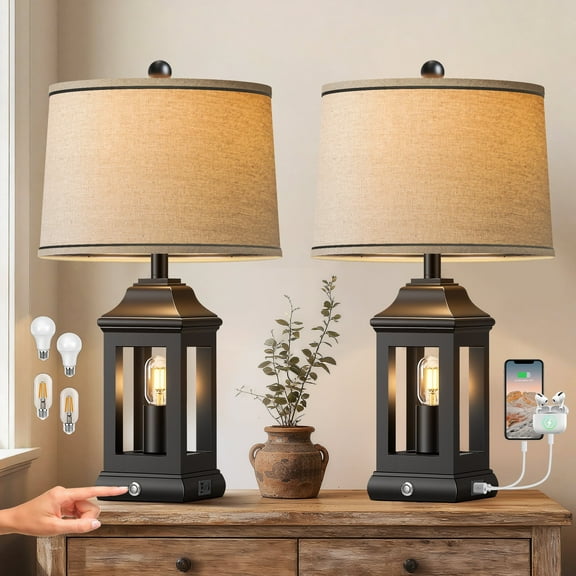 24" Rustic Farmhouse Table Lamps for Living Room Set of 2, Touch Dimmable Nightlight Vintage Bedside Lamps with USB A C Ports & Dual Light Sources for Bedroom Nightstand End Table, Matte Black