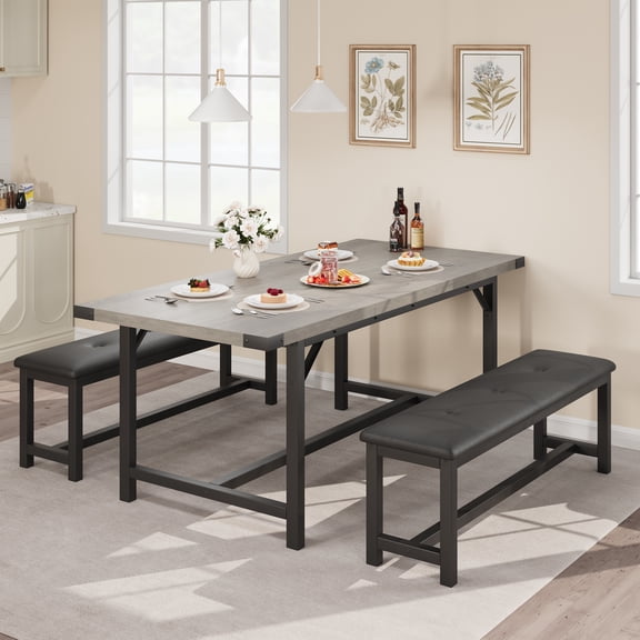 Kicctian Extendable Dining Table Set for 4, 63" Kitchen Table with 2 Benches, 3-Piece Space-Saving Furniture for Small Dining Room or Apartment, Grey