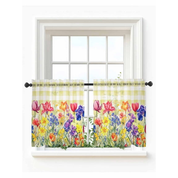 Yellow Plaid Tulip Tier Curtains 36 Inch Length,Sheer Curtains for Bedroom Living Room Window Spring Floral Watercolor Botanical Small Half Window Kitchen Curtains & Drapes 27.5"x36" 2 Panels