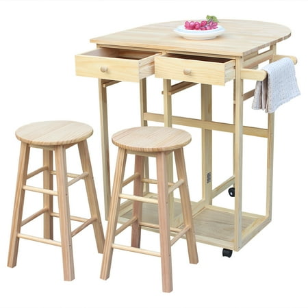 Breakfast Patio Top Knobs Drop Leaf Breakfast Cart Folding Dining Set Home Kitchen Furniture Wooden Rolling Kitchen Trolley Cart Island, Breakfast Bar, Dining Table Set w/2 Stools ()
