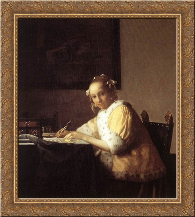 A Lady Writing A Letter 20x22 Gold Ornate Wood Framed Canvas Art By Vermeer Johannes