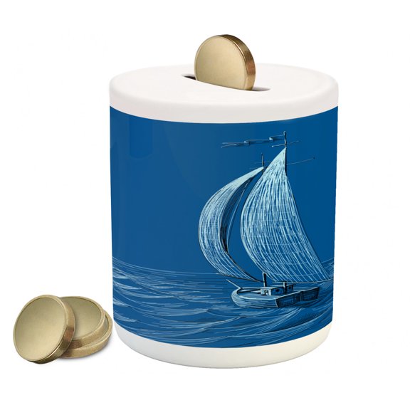 Vintage Boat Piggy Bank, Ship Sailing to the Ocean Moonlight Wavy Misty Night Ocean Scenery, Ceramic Coin Bank Money Box for Cash Saving, 3.6" X 3.2", Cobalt Blue, by Ambesonne