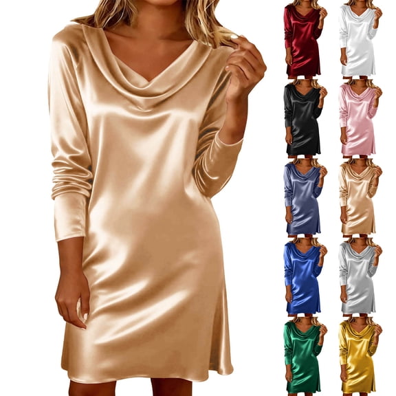 Women's Elegant Silk Satin Dress Long Sleeve Cowl Neck Mini Dress Cocktail Dress Party Club Evening Gown