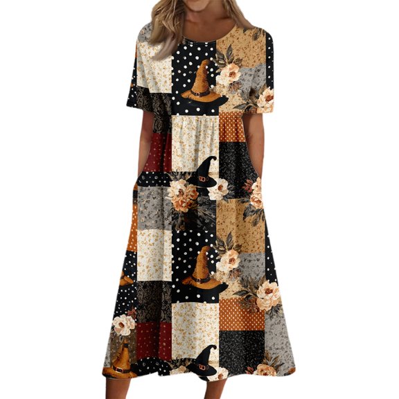 Women's Halloween Themed Casual Dress, Round Neck with Pockets Style , Everyday Outings, Halloween Print Casual Dress for Ladies Black L