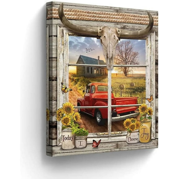 Farmhouse Old Red Trucks Wall Art Old Barn Pictures Wall Decor Marson Jars Sunflower Painting for Bedroom Bathroom Living Room Prints Artwork Framed 12"x16"
