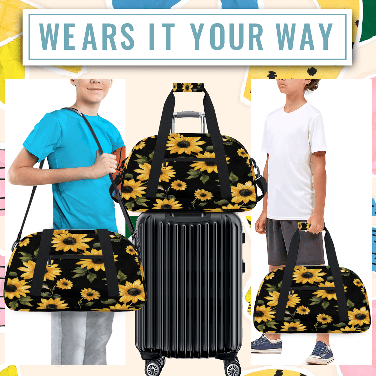 Herdesigns Sports Duffle Bags Travel Duffle Bag Gym Bag Retro Sunflowers Floral Weekender Travel Bag Waterproof Overnight Bag Carry On Travel Tote Bag Dance Bags