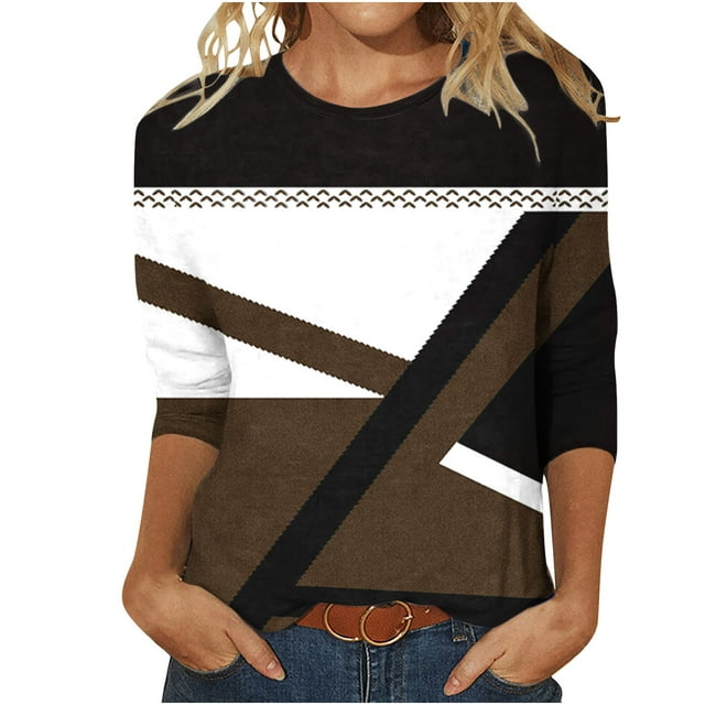FAIWAD Hauts à Manches 3/4 pour Femmes Col Rond Printemps Tunique Tendance Bloc de Couleur Chandail Ample