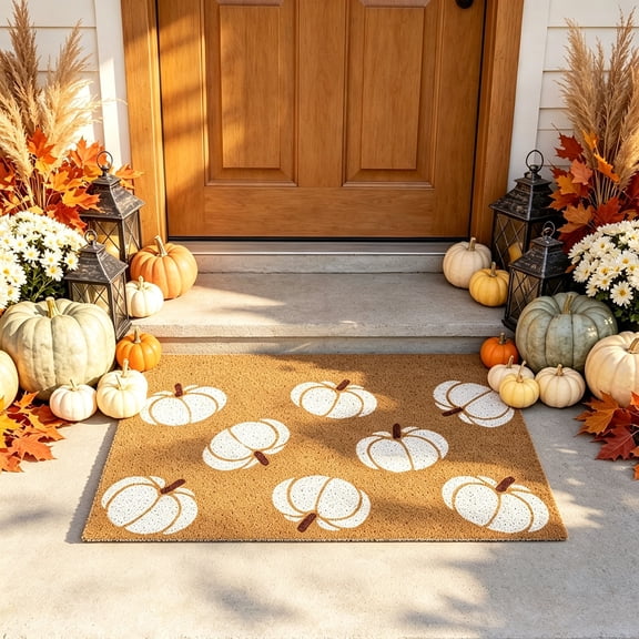 Fall Door Mat Set, Layered Fall Porch Rug with Pumpkin Design, Halloween Door Mat for Front Door Porch Entryway, Neutral Autumn Welcome Rug for Indoor Outdoor Home Decor