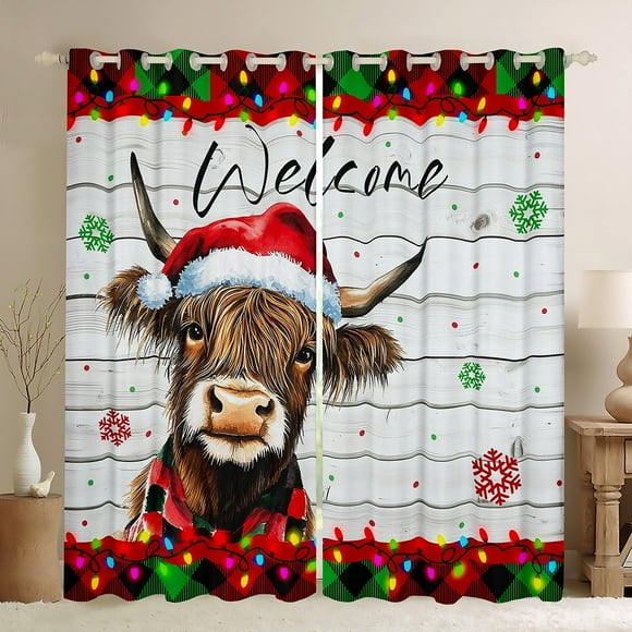 YST Christmas Highland Cow Curtains,Winter Farmhouse Longhorn Cattle Curtains Gifts for Kids Girls Boys Bedroom,Xmas Lights Curtains Snowflake Window Curtains 2 Panels 42"Wx84"L