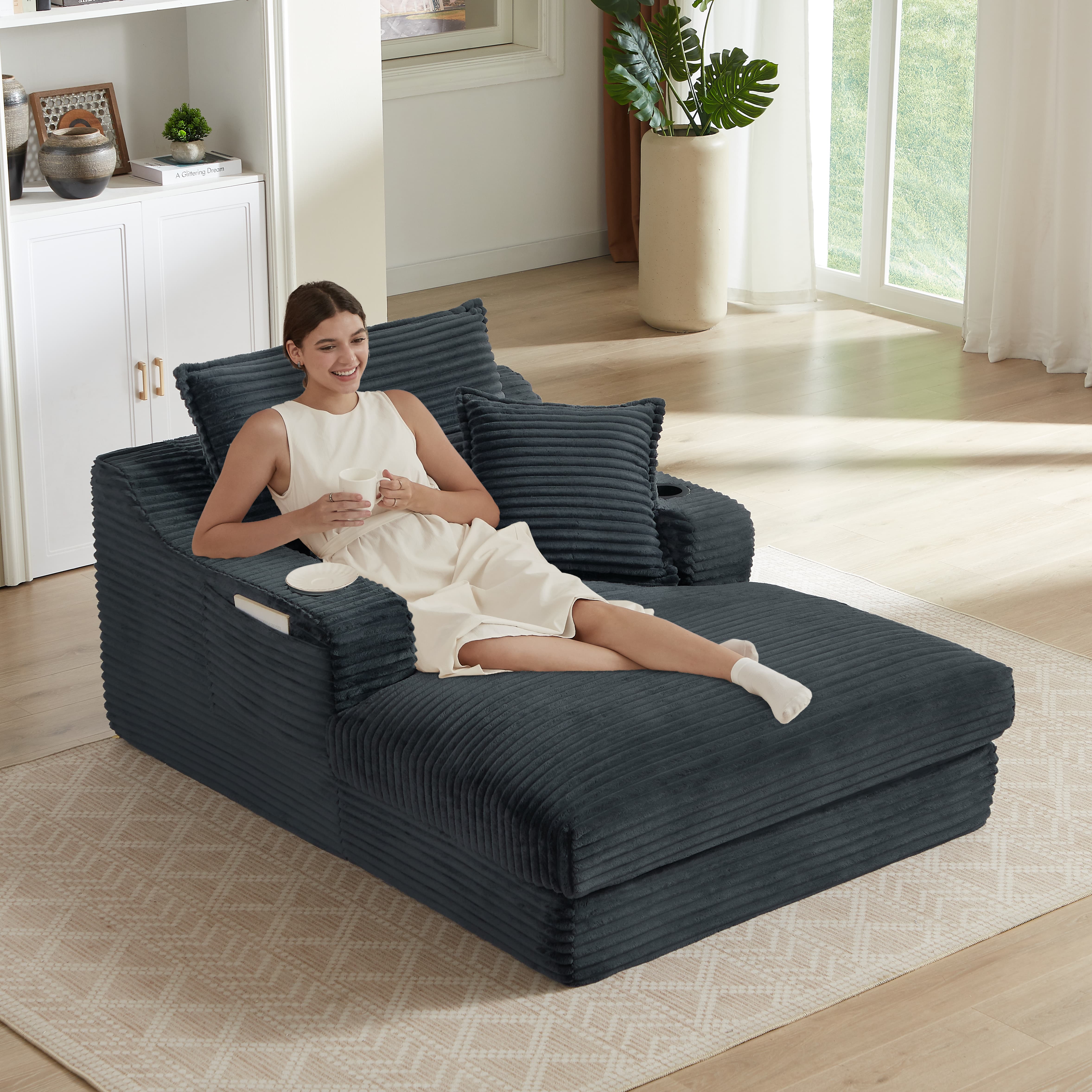 MAYEERTY Dark Gray Corduroy Chaise Sofa, Oversized Comfortable Lounge for Living Room, 47×68×35"