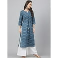 thumbnail image 6 of Janasya Indian Women's Teal Cotton Floral Block Print Straight Kurta, 6 of 8