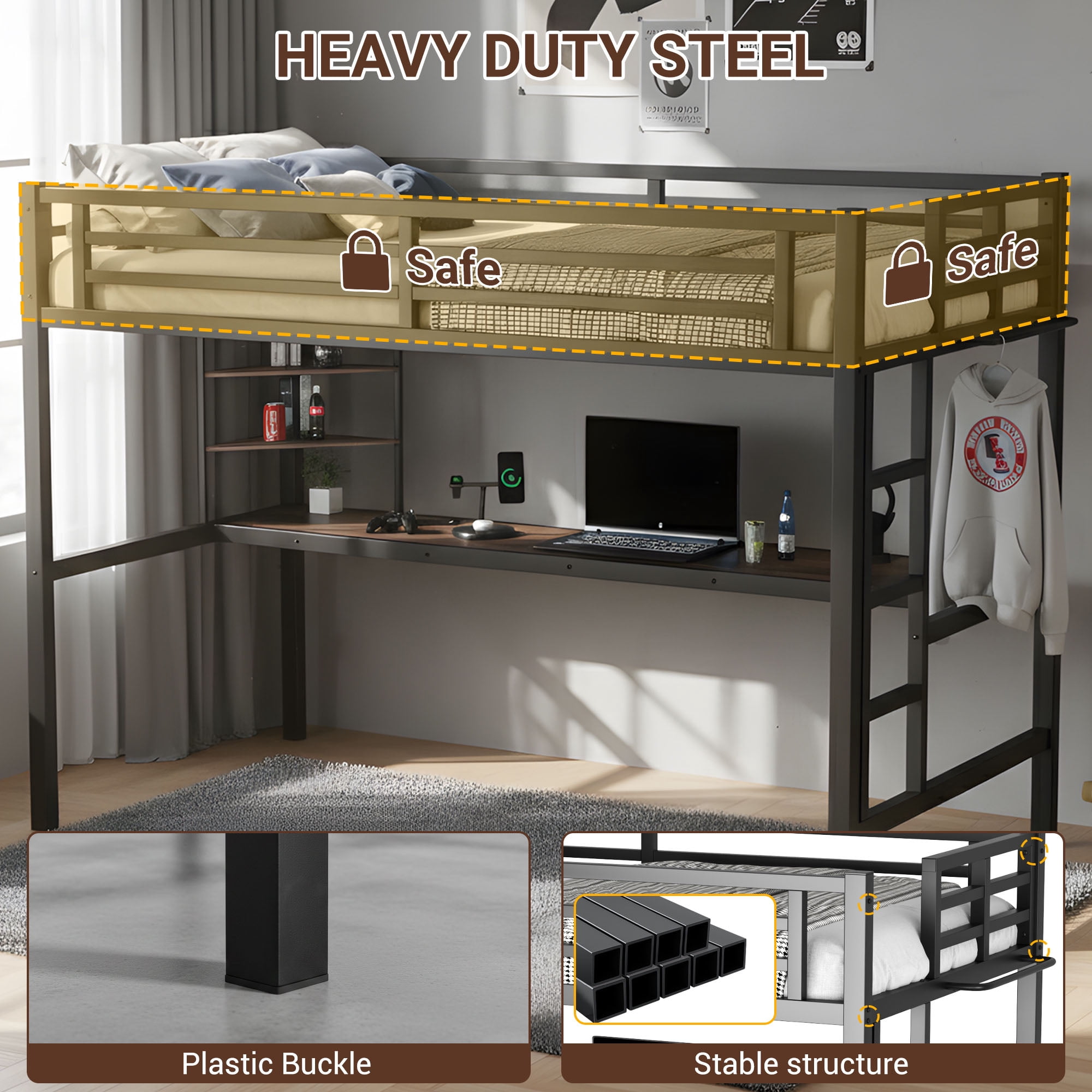 Twin XL Loft Bed with Desk and Storage Shelves, Metal Loft Bed with Charging Station and LED Lights