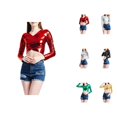 thumbnail image 1 of Hauts Métalliques pour Femmes 2026 Tendance Manches Longues Col en V T-Shirt Court Ajusté Y2K Sortie Tenues Rave, 1 of 5