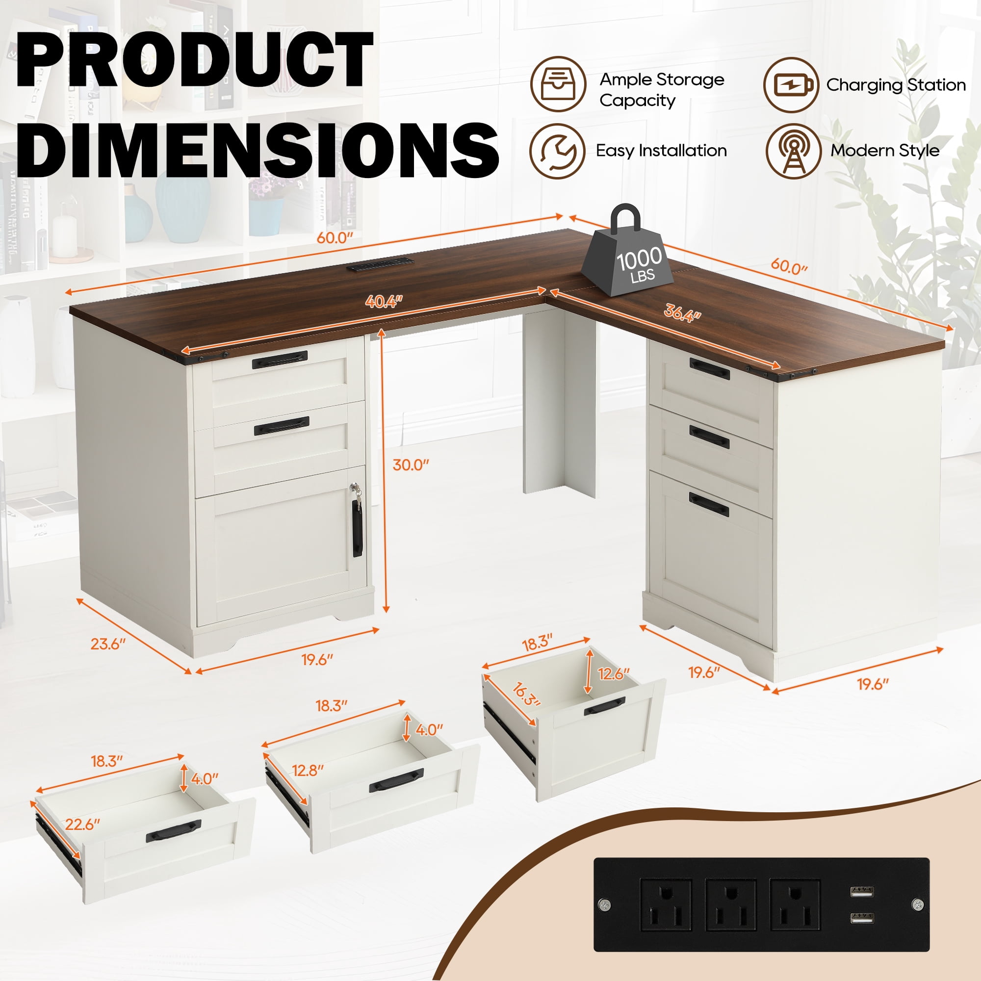 Magic Union L Shaped Executive Desk with Drawers, Home Office Desks with Charging Station, File Drawer, Lockable Adjustable Storage Cabinet, Large Corner Computer Table for Work And Study