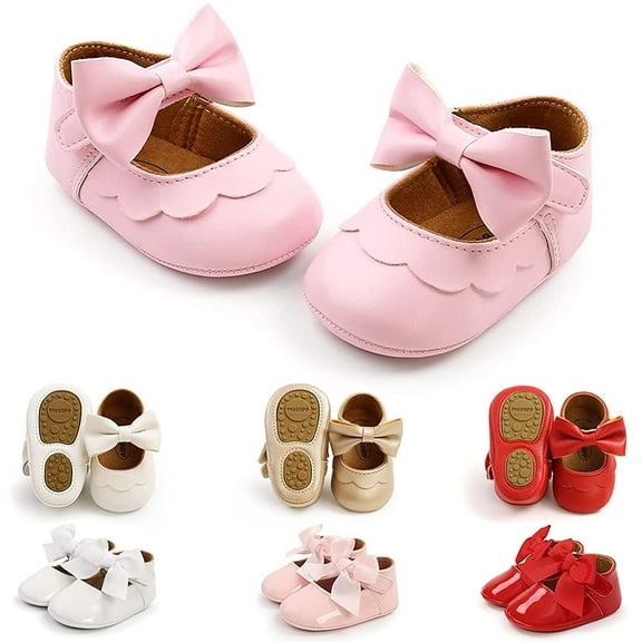 Baby Girls Mary Jane Flats with Bownot Non Slip Soft Sole PU Leather Newborn Infant Toddler First Walker Cirb Party Christmas Dress Shoes