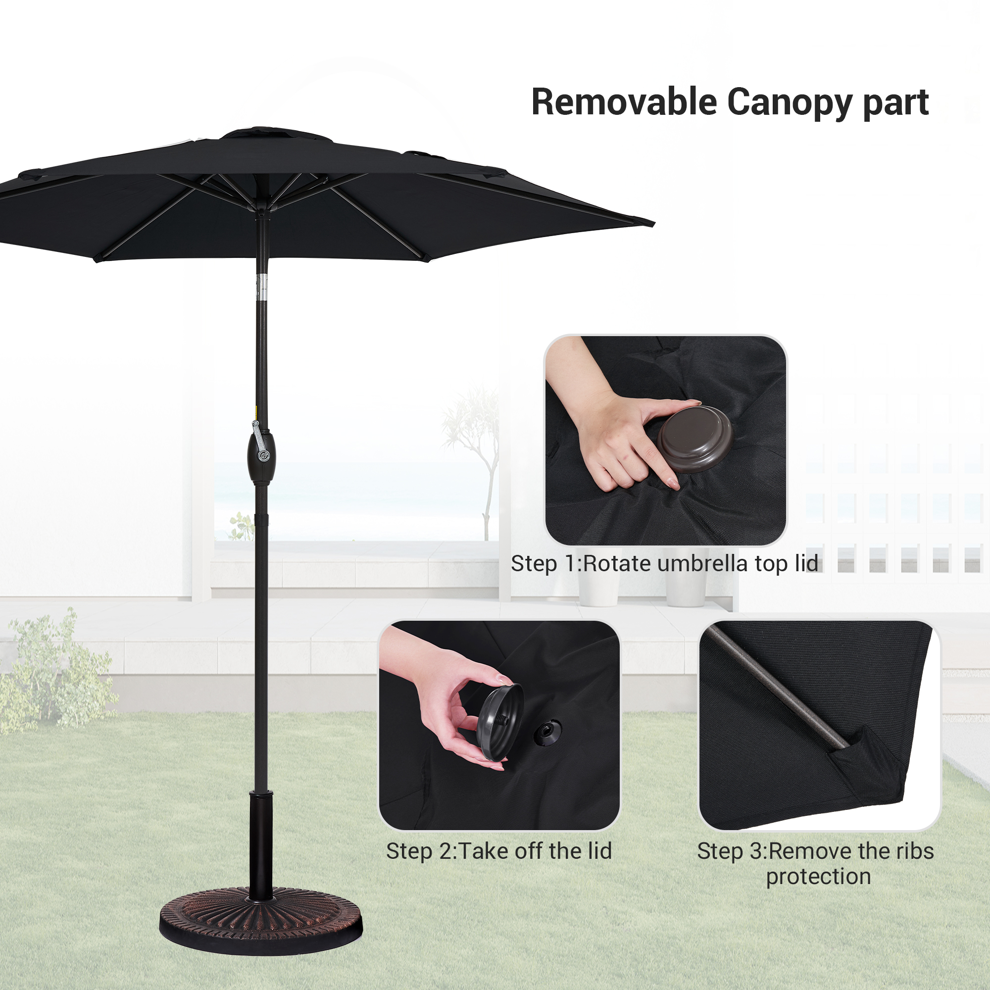 Sonerlic 7.5ft Round Outdoor Patio Shade Umbrella with Steel Frame Garden,Poolside and Deck, Black