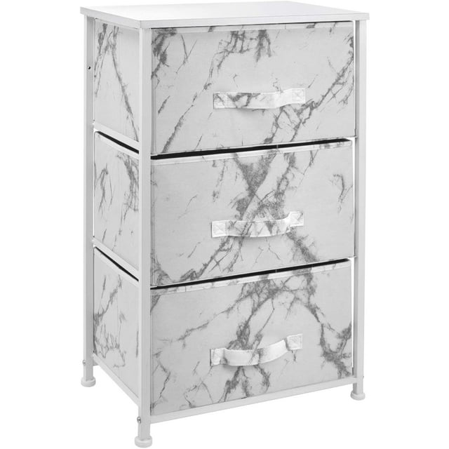 Table de Chevet à 3 Tiroirs Commode Bout de Canapé Commode - Cadre Blanc Marbre Blanc