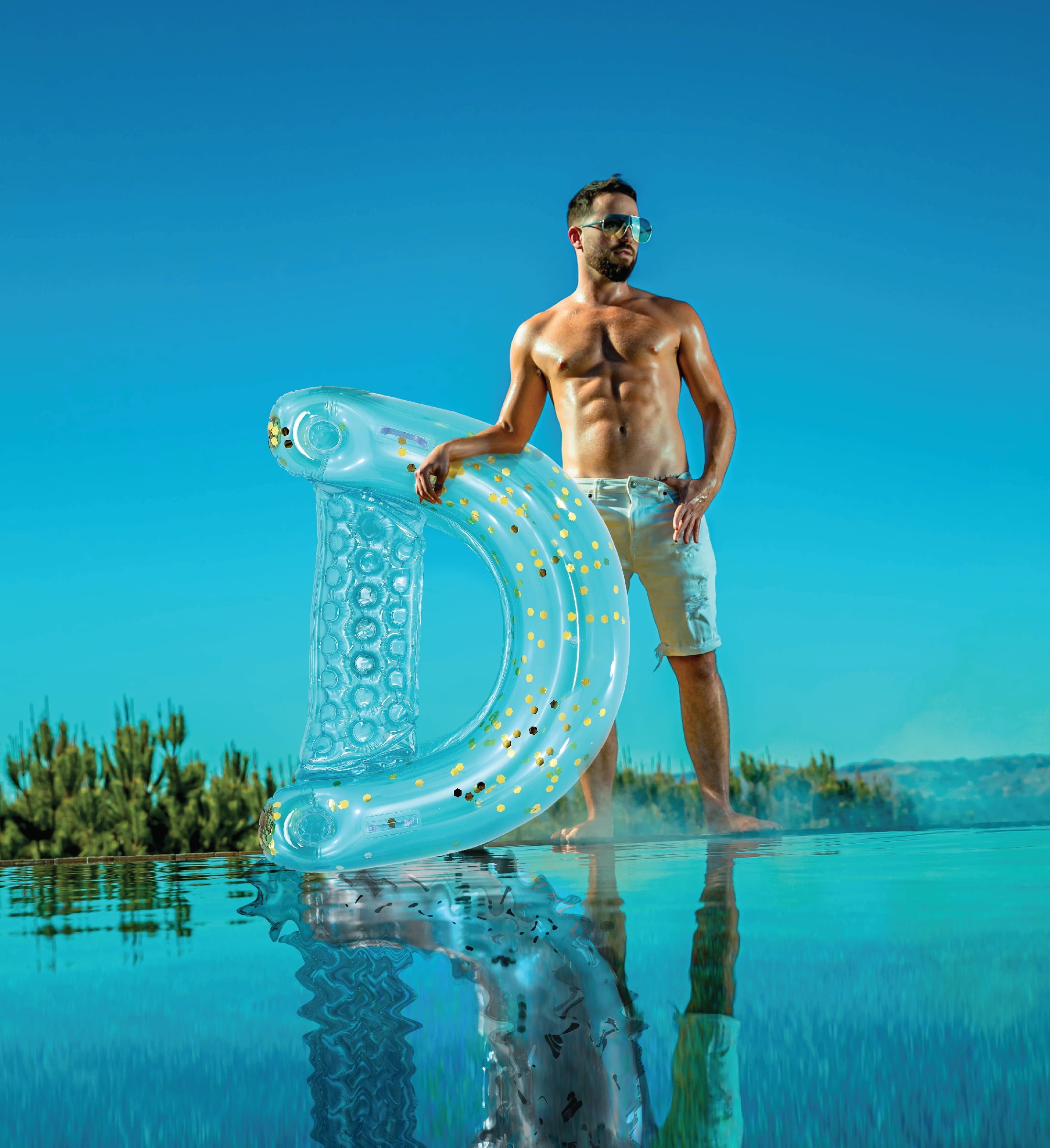 POZA Adult Inflatable Sparkle Confetti Chair Pool Float, 48"x38" with 2 Built in Cup Holders