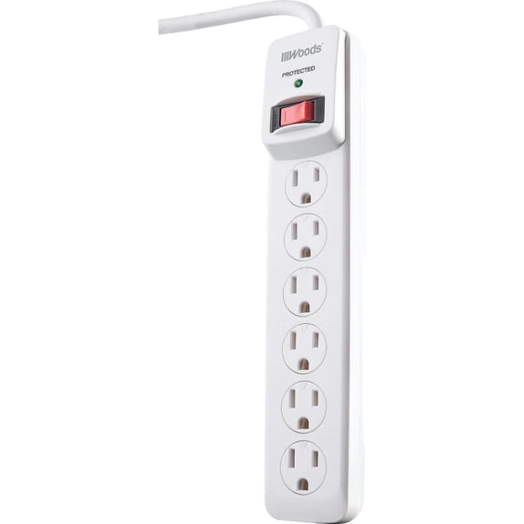 Woods Surge Protector 41497 - 6 Outlets, Safety Overload, 900J, 3' Cord - White
