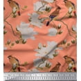 thumbnail image 1 of Soimoi Orange Poly Crepe Fabric White Floral & Bird Printed Fabric 1 Yard 42 Inch Wide, 1 of 1