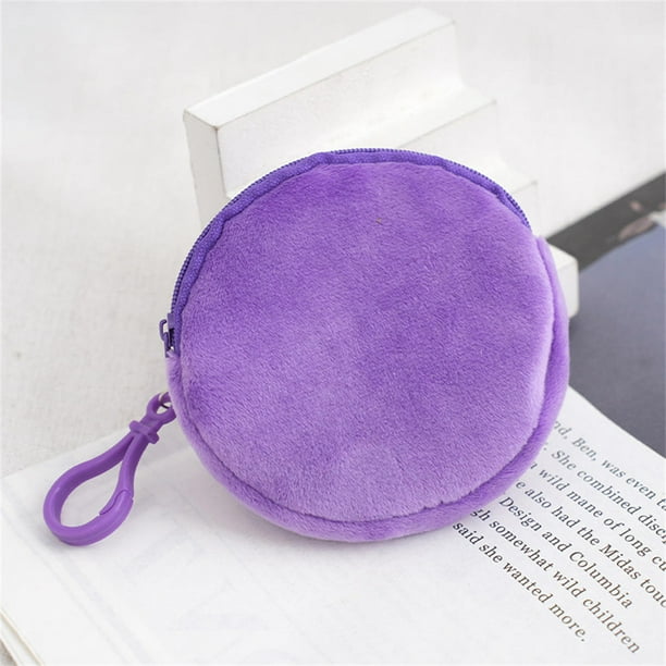 YUANOU Solid Plush Round Coin Purse Women s Cute Wallet ID Card Bag Keychain Minimalist Coin Bag Kawaii Wallets for Women Purple