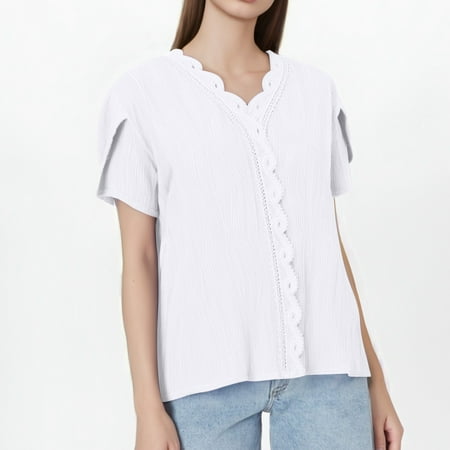 SNKSDGM Women s Plus Casual Easter Shirts Plus Size Tops for Women White Women s Lace V Neck Fashion Casual Petal Short Sleeved Business Top 1 Going Out Tops for Women Lace Bodysuit