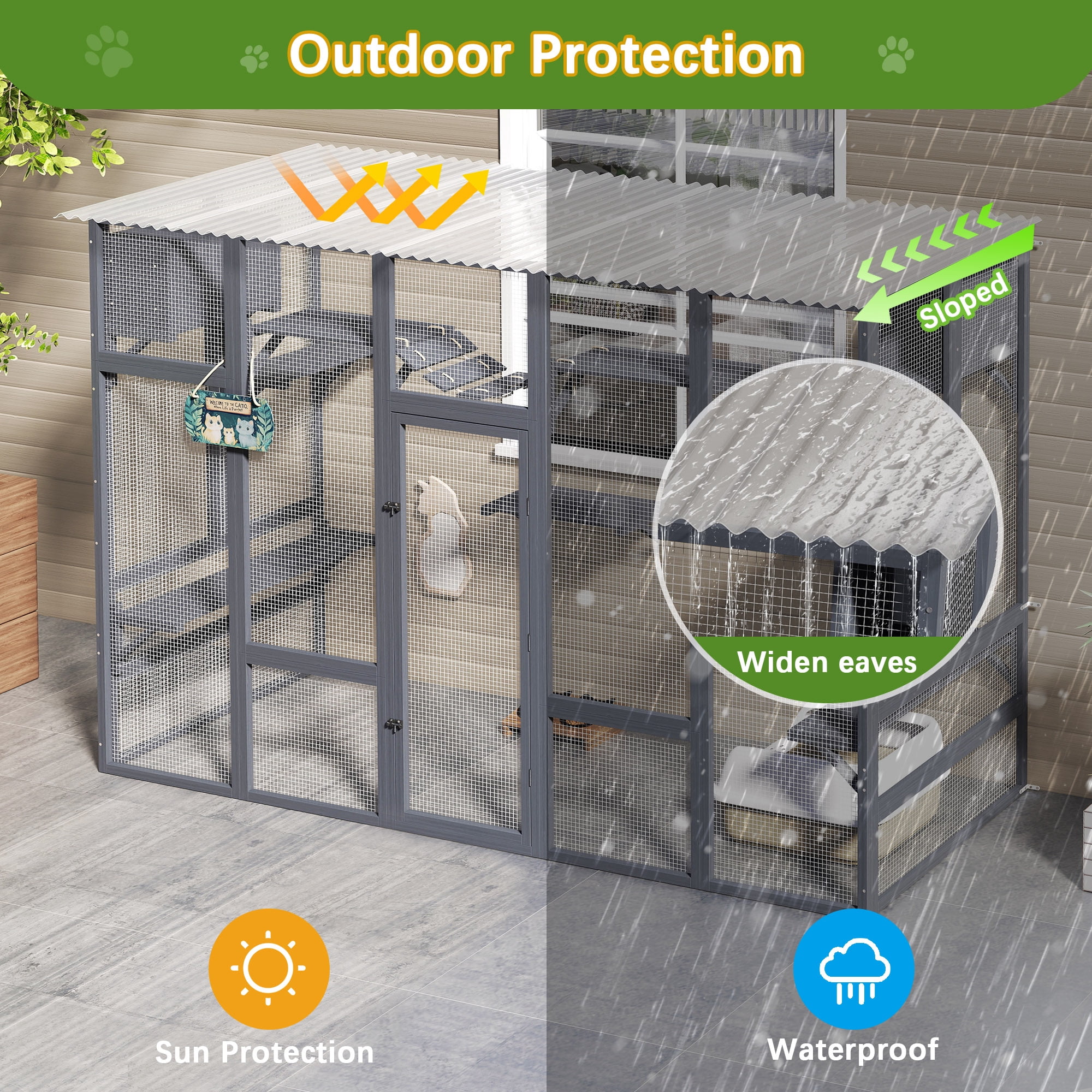 COZIWOW Outdoor Wooden Cat Enclosure Large Cat Catio with Scratcher Pet Playpen for Multiple Kittens