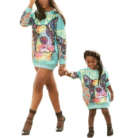 Mommy and Me Matching Cartoon Printed Loose Pullover Shirt Dress Parent-Child Family Long Sleeve Sweatshirt Outfits