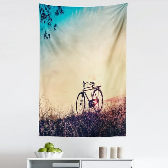 Vintage Tapestry, Retro Filter Sunset and Bicycle in Pastel Tones Hipster Joyful, Fabric Wall Hanging Decor for Bedroom Living Room Dorm, 5 Sizes, Pale Blue Black and Peach, by Ambesonne