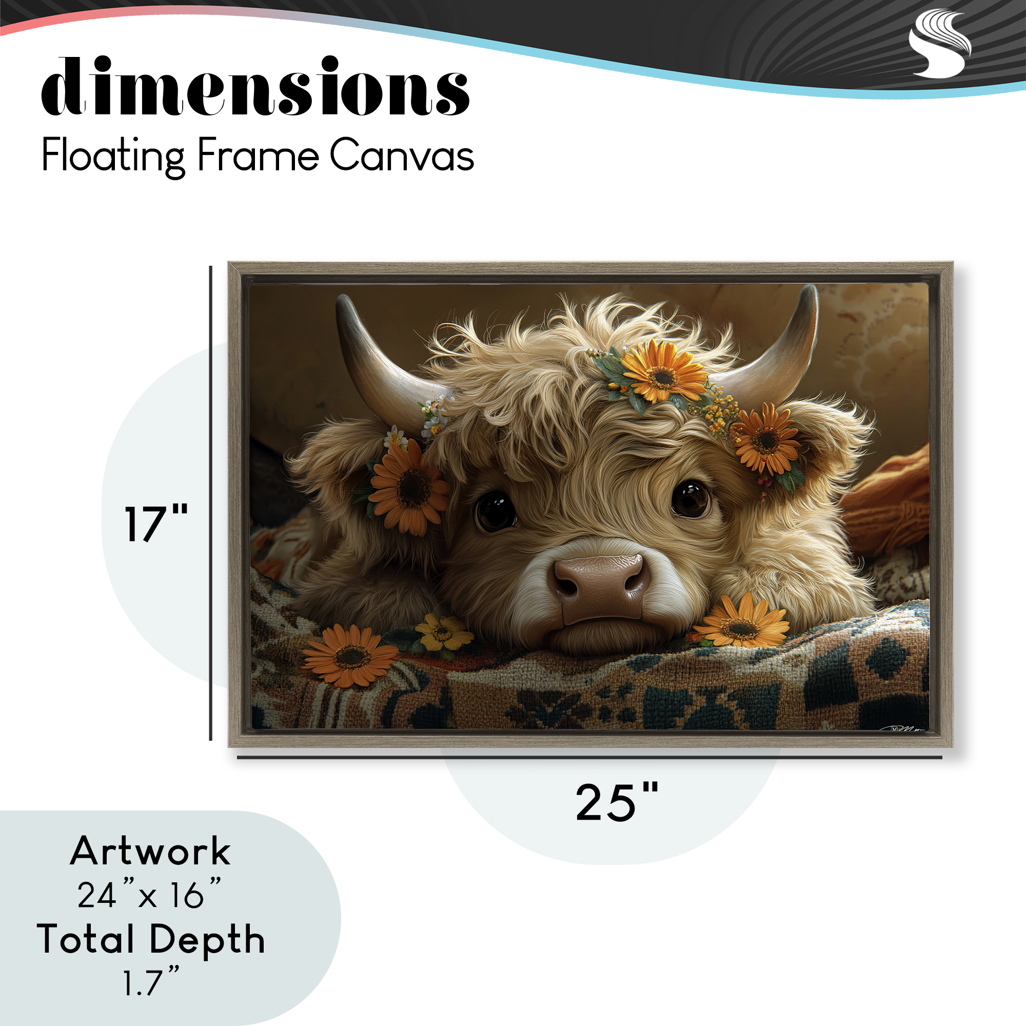 Adorable Flower Bedecked Cattle Brown Framed Floater Canvas Wall Art, design by Momart