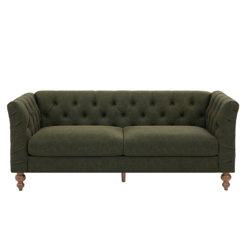 Chesterfield PU Leather 3-Seater Sofa, Upholstered Couch with Flared Arms, Tufted Back & Solid Rubber Wood Legs
