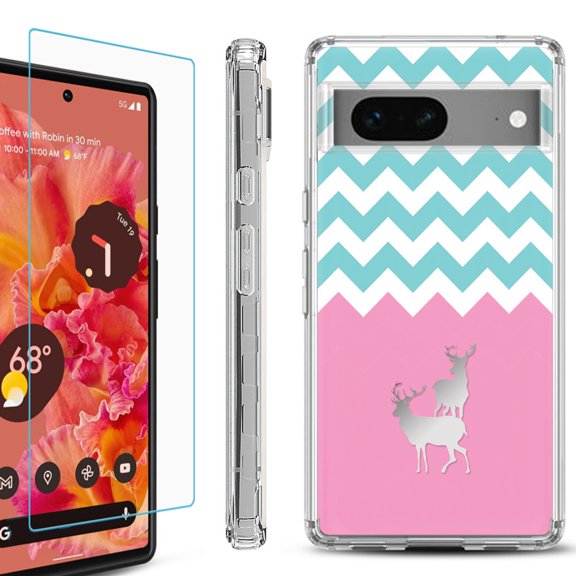 OneToughShield ® for Google Pixel 7a Shockproof Bumper Phone Case, with Tempered Glass Screen Protector - Chevron/Teal/Deer