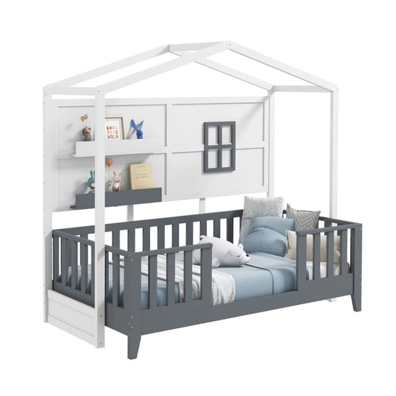 Furnibear Gray and White Twin Wood House Floor Bed Montessori Frame with 2 Shelves and High Guardrails, a Low Profile Twin Size Loft Bed and Full Size Bed Frame Alternative to a Queen Bed Frame