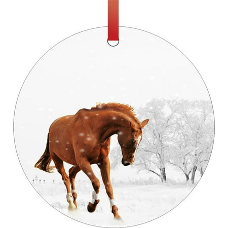 Chestnut Horse in the Snow Round Shaped Flat Aluminum Semigloss Christmas Ornament Tree