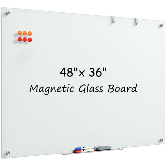 MaxGear 48" x 36" Magnetic Glass Whiteboard, Tempered Glass Dry Erase Board with Markers & Eraser