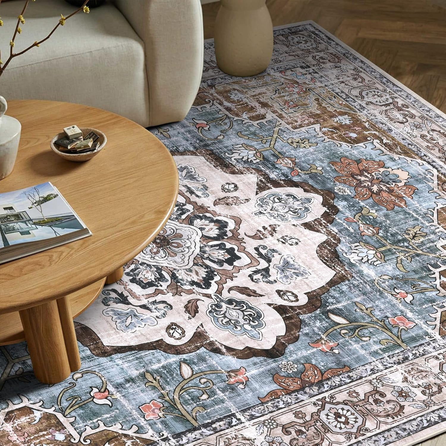 MJIAexp 8'x10' Vintage Boho Area Rug Washable Area Rug for Living Room Non-Slip Distressed Accent Rug Faux Wool Bedroom Rug Floor Carpet for Dining Room Bedroom Kitchen Entryway Office Dark Blue