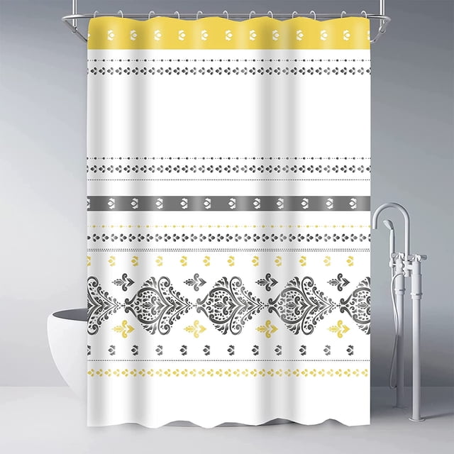 Ensemble de Rideaux de Douche Style Marocain Extra Long 72"x84 Pouces avec Crochets en Plastique Lavable en Machine Tissu Polyester Imperméable Rideau de Salle de Bain Ferme Moderne pour Décoration de Salle de Bain, Jaune Gris Blanc
