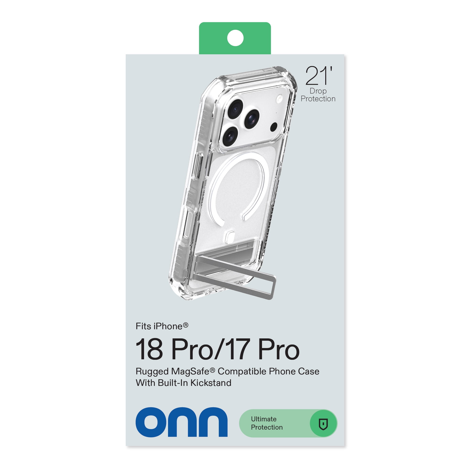 onn Rugged Phone Case with Kickstand for iPhone 18 Pro / 17 Pro, MagSafe Compatible - Clear